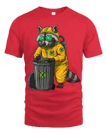 Cute Raccoon Hazmat Suit Tshirt Dark Humor Graphic Style - red t-shirt on white background