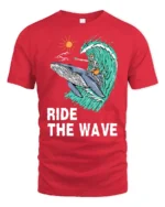Ride The Wave Skeleton Surfing Whale Tshirt Ocean Humor - red t-shirt on white background