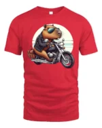 Capybara Riding Motorcycle Tee Cute Biker Humor Graphic - red t-shirt on white background