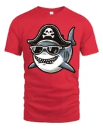 Funny Pirate Shark Tshirt Cool Ocean Cartoon Humor Graphic - red t-shirt on white background