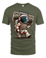 Retro Astronaut Boombox Tshirt Cool Space Music Graphic - military green t-shirt on white background