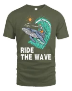 Ride The Wave Skeleton Surfing Whale Tshirt Ocean Humor - military green t-shirt on white background