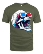 Skull 3D Glasses Tshirt Retro Funny Skeleton Graphic Style - military green t-shirt on white background