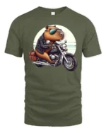 Capybara Riding Motorcycle Tee Cute Biker Humor Graphic - military green t-shirt on white background