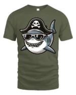 Funny Pirate Shark Tshirt Cool Ocean Cartoon Humor Graphic - military green t-shirt on white background