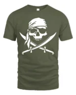 Pirate Skull Crossed Swords Tshirt Classic Jolly Roger Style - military green t-shirt on white background