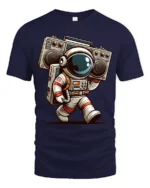 Retro Astronaut Boombox Tshirt Cool Space Music Graphic - navy t-shirt on white background