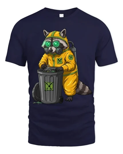 Cute Raccoon Hazmat Suit Tshirt Dark Humor Graphic Style - navy t-shirt on white background