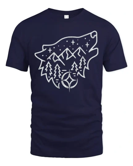 Wolf Mountain Night Sky Tshirt Minimal Outdoor Nature Graphic - navy t-shirt on white background