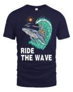 Ride The Wave Skeleton Surfing Whale Tshirt Ocean Humor - navy t-shirt on white background