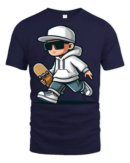 Cool Skateboard Kid Tshirt Street Style Skater Graphic - navy t-shirt on white background