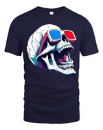 Skull 3D Glasses Tshirt Retro Funny Skeleton Graphic Style - navy t-shirt on white background