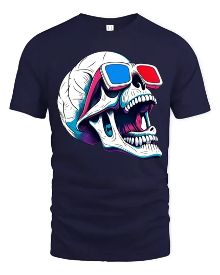 Skull 3D Glasses Tshirt Retro Funny Skeleton Graphic Style - navy t-shirt on white background