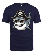 Funny Pirate Shark Tshirt Cool Ocean Cartoon Humor Graphic - navy t-shirt on white background