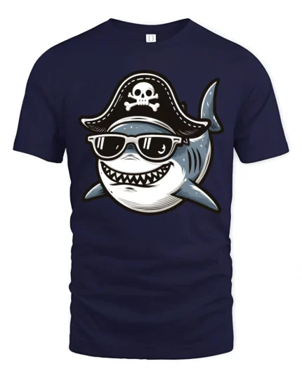 Funny Pirate Shark Tshirt Cool Ocean Cartoon Humor Graphic - navy t-shirt on white background