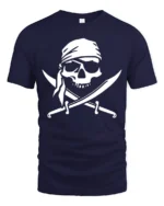 Pirate Skull Crossed Swords Tshirt Classic Jolly Roger Style - navy t-shirt on white background