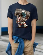 Retro Astronaut Boombox Tshirt Cool Space Music Graphic - model wearing navy tee with hands in pockets