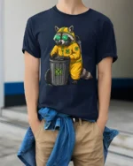 Cute Raccoon Hazmat Suit Tshirt Dark Humor Graphic Style - model wearing navy tee with hands in pockets