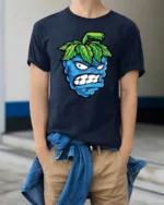 Angry Blueberry Monster Tshirt Funny Fruit Cartoon Graphic - model wearing navy tee with hands in pockets