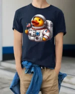 Cute Astronaut Duck Tshirt Funny Space Animal Graphic - model wearing navy tee with hands in pockets