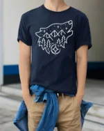 Wolf Mountain Night Sky Tshirt Minimal Outdoor Nature Graphic - model wearing navy tee with hands in pockets