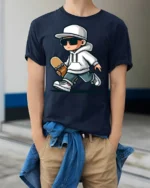 Cool Skateboard Kid Tshirt Street Style Skater Graphic - model wearing navy tee with hands in pockets