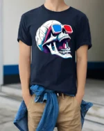 Skull 3D Glasses Tshirt Retro Funny Skeleton Graphic Style - model wearing navy tee with hands in pockets