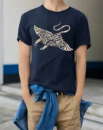 Ingenious Creative Art Tshirt Abstract Typography Graphic - model wearing navy tee with hands in pockets