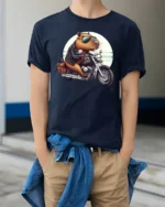Capybara Riding Motorcycle Tee Cute Biker Humor Graphic - model wearing navy tee with hands in pockets