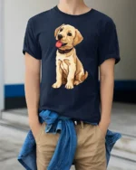 Cute Labrador Puppy Tshirt Adorable Dog Lover Graphic Style - model wearing navy tee with hands in pockets