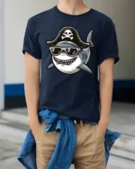Funny Pirate Shark Tshirt Cool Ocean Cartoon Humor Graphic - model wearing navy tee with hands in pockets