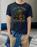 Funny Goblin Mode Activated Tshirt Hot Rod Cartoon Graphic - model wearing navy tee with hands in pockets