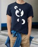 Minimalist Fox Moon Silhouette Tshirt Modern Animal Graphic - model wearing navy tee with hands in pockets