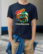 Cool Chameleon Peace Sign Tshirt Retro Funny Lizard Graphic - model wearing navy tee with hands in pockets