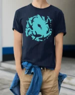 Shark Circle Ocean Diver Tshirt Cool Marine Life Graphic - model wearing navy tee with hands in pockets