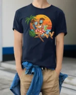 Funny Relaxing Dog Beach Tshirt Tropical Vacation Vibes - model wearing navy tee with hands in pockets