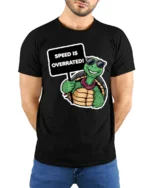 Speed Is Overrated Funny Turtle Tshirt Cute Chill Graphic - model wearing black tee with hands behind back