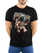 Retro Astronaut Boombox Tshirt Cool Space Music Graphic - model wearing black tee with hands behind back