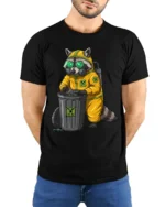 Cute Raccoon Hazmat Suit Tshirt Dark Humor Graphic Style - model wearing black tee with hands behind back