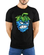 Angry Blueberry Monster Tshirt Funny Fruit Cartoon Graphic - model wearing black tee with hands behind back