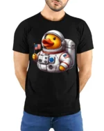 Cute Astronaut Duck Tshirt Funny Space Animal Graphic - model wearing black tee with hands behind back