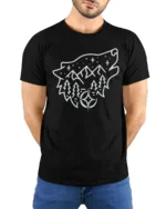 Wolf Mountain Night Sky Tshirt Minimal Outdoor Nature Graphic - model wearing black tee with hands behind back