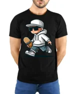 Cool Skateboard Kid Tshirt Street Style Skater Graphic - model wearing black tee with hands behind back