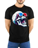 Skull 3D Glasses Tshirt Retro Funny Skeleton Graphic Style - model wearing black tee with hands behind back