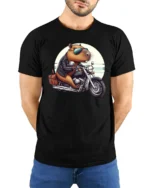 Capybara Riding Motorcycle Tee Cute Biker Humor Graphic - model wearing black tee with hands behind back