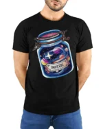 Universe In A Jar Tshirt Cosmic Space Galaxy Graphic Art - model wearing black tee with hands behind back