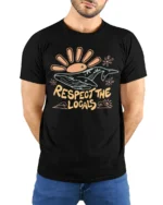 Respect The Locals Whale Tshirt Funny Ocean Nature Graphic - model wearing black tee with hands behind back