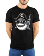 Funny Pirate Shark Tshirt Cool Ocean Cartoon Humor Graphic - model wearing black tee with hands behind back