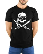 Pirate Skull Crossed Swords Tshirt Classic Jolly Roger Style - model wearing black tee with hands behind back