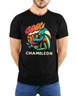 Cool Chameleon Peace Sign Tshirt Retro Funny Lizard Graphic - model wearing black tee with hands behind back